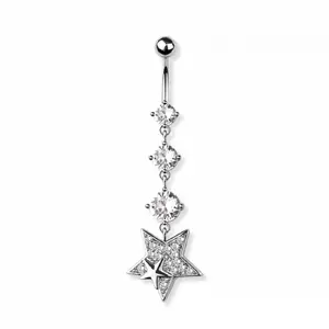 Triple CZ Crystal and Star Dangling Belly Button Ring - 316L Stainless Steel