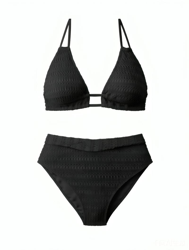 Black textured halter high-waisted bikini | Fashionable summer beach swimwear set with a twisted front waist; four unique styles — Hawaiian, Miami, Victoria’s Secret
