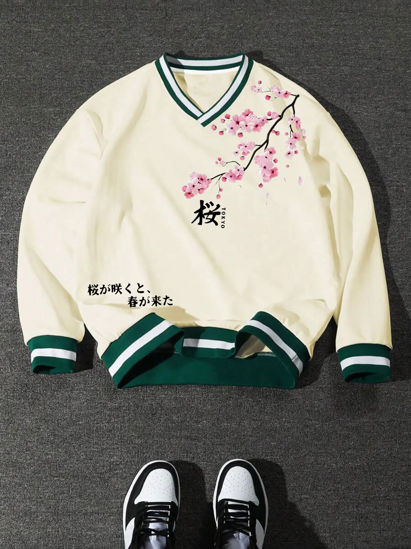 Tokyo Sakura V-Neck Fitted Long Sleeve Sweatshirt, Cute Cozy Sweatshirt, Kawaii Casual Aesthetic Fashion Japanese Style Streetwear, Floral Cherry Blossom Graphic Print & Japanese Design, Animecore Lover All Seasons Tops
