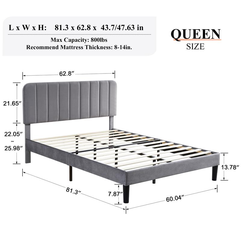 VECELO Upholstered Queen Twin Full Queen Size Bed Frame Platform with Velvet Adjustable Headboard Wooden Slats,Noise-Free,No Box Spring Needed, Easy Assembly VECELO Upholstered Queen Twin Full Queen Size Bed Frame Platform with Velvet Adjustable Headboard Wooden Slats,Noise-Free,No Box Spring Needed, Easy Assembly