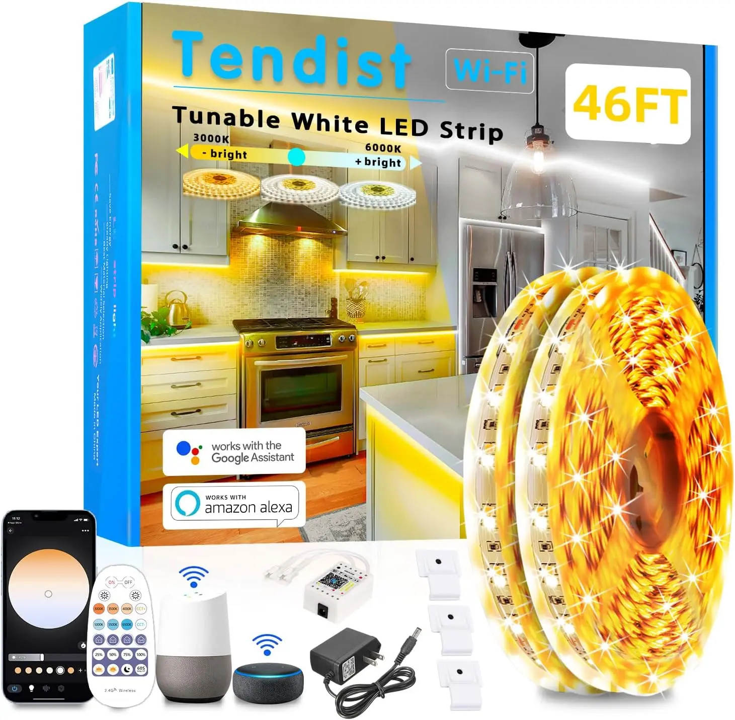 White LED Strip Lights 46ft 3000K-6500K Dimmable, Smart Strip Light Alexa Compatible, 24V WiFi Flexible Tape LED with APP & RF Remote, Cabinet Lighting Self-Adhesive for Room, Kitchen