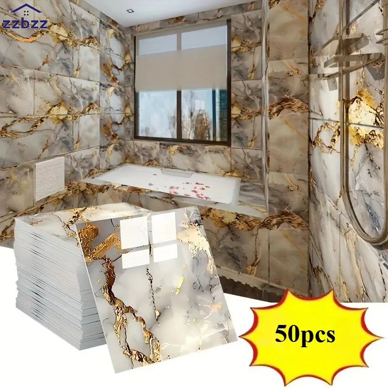 50pcs Self-Adhesive Vinyl Wall Panels, Peel And Stick Panels For Walls - Waterproof Peel & Stick PVC Tiles Suitable for Bathroom, Kitchen, Living Room - Faux Marble Finish, Wood Grain (TV Backdrop) - Easy-Clean Surface, DIY-Friendly