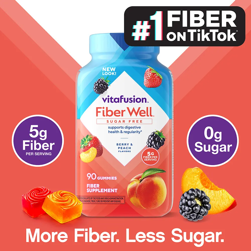 Vitafusion Fiber Well Sugar Free Gummies - 5g - Berry & Peach Flavor Fiber Gummies - Supports Digestive Health & Regularity - 90 Gummies