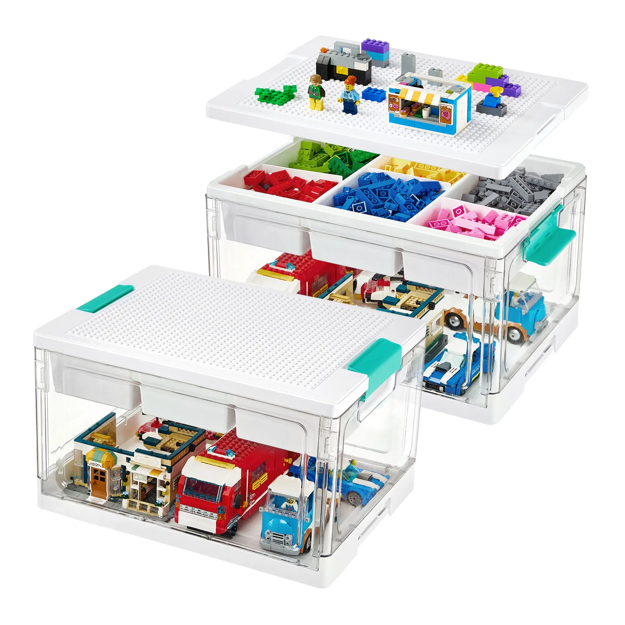 Vtopmart 2/4 Pack 24QT Collapsible Building Block Storage Bin, Multilayer Adjustable Organiser with Building Baseplate Lid, Removable Tray & Divided Compartment for Art Crafts Sensory Toys Squishy, Water&Dust Prooft,dorm essentials,home decor