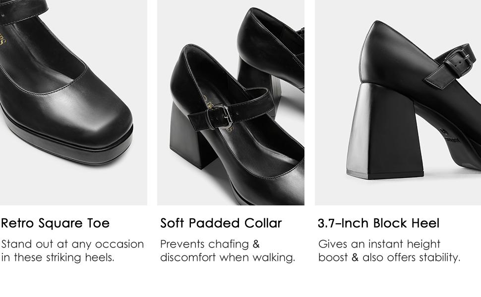 Dream Pairs Women's Square Toe Mary Jane Block Heel Pumps - Cuban Heel Glossy PU Upper Retro Design Comfortable Cushioning Available in Multiple Colors