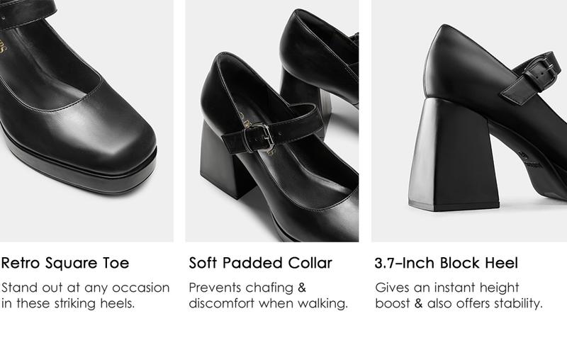 Dream Pairs Women's Square Toe Mary Jane Block Heel Pumps - Cuban Heel Glossy PU Upper Retro Design Comfortable Cushioning Available in Multiple Colors