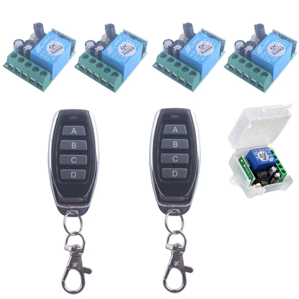 Mini Wireless Remote Switch with 6V-24V 10A Relay, 328FT Long Range RF, 86 Wall Panel Controller, High Reception Sensitivity for Industrial Controls, Motor & Appliance Control (4 Receivers, 2 Controllers), Wireless Switch, Low Volt Control High Volt