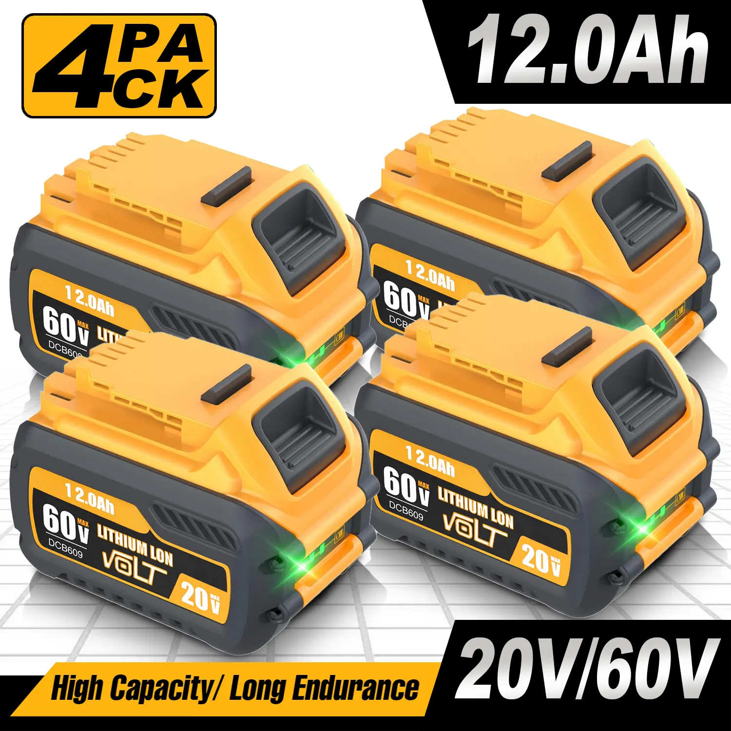 Dewalt Cordless Tool Batteries - 20V/60V 12.0Ah Lithium-Ion Rechargeable High-Capacity Packs (DCB606, DCB609, DCB612) - Lithium Ion Replacement for Power Tool Accessories