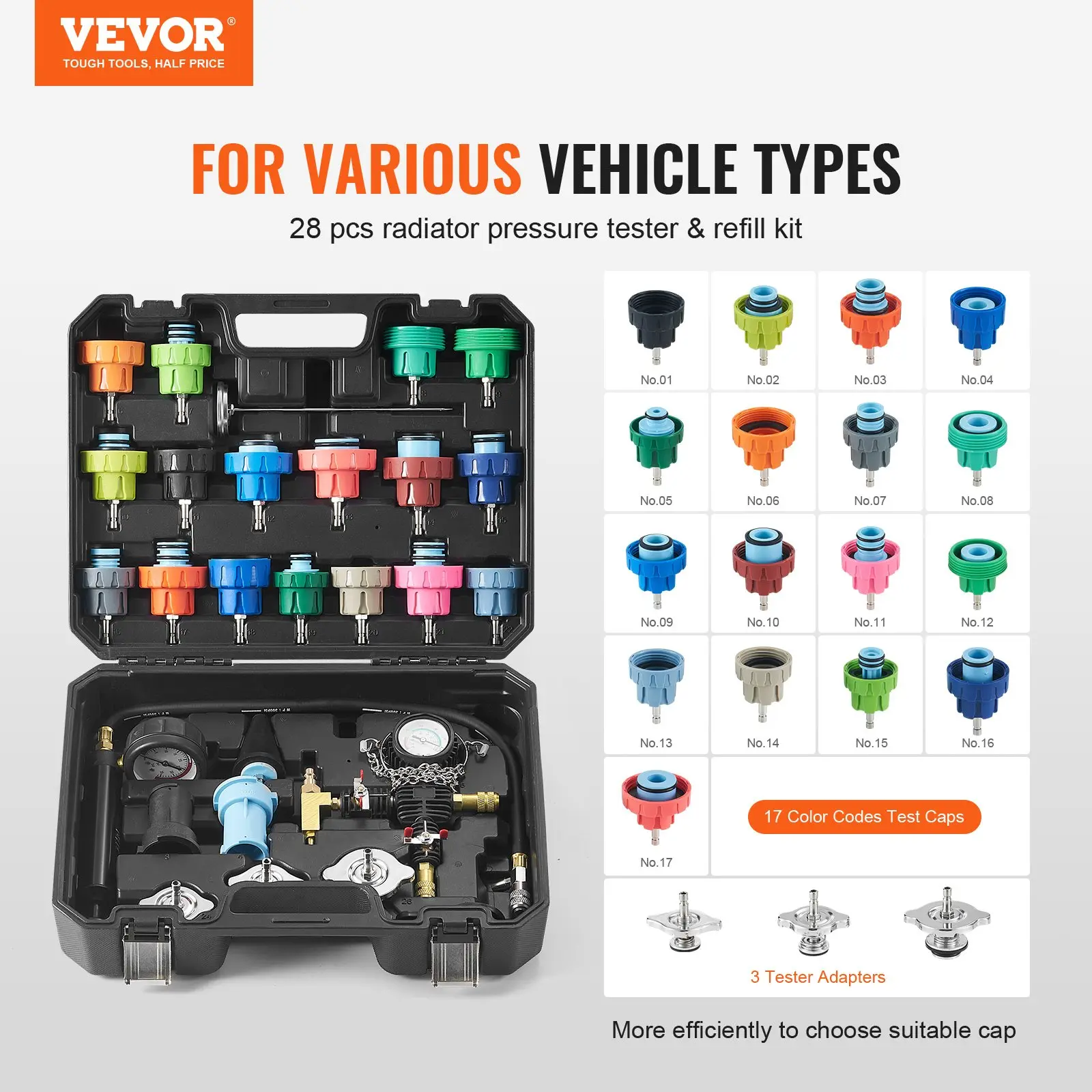 【summerfinds】VEVOR 28-Piece Metal Car Radiator Pressure Tester Kit (0-35 psi) - 17 Color-Coded Test Caps, Coolant Vacuum Purge & Refill Tool Adapters, Automotive Maintenance Tools for Repair, Father's Day Gift, Coolant Testing, Works Across Jap, Eur, And,