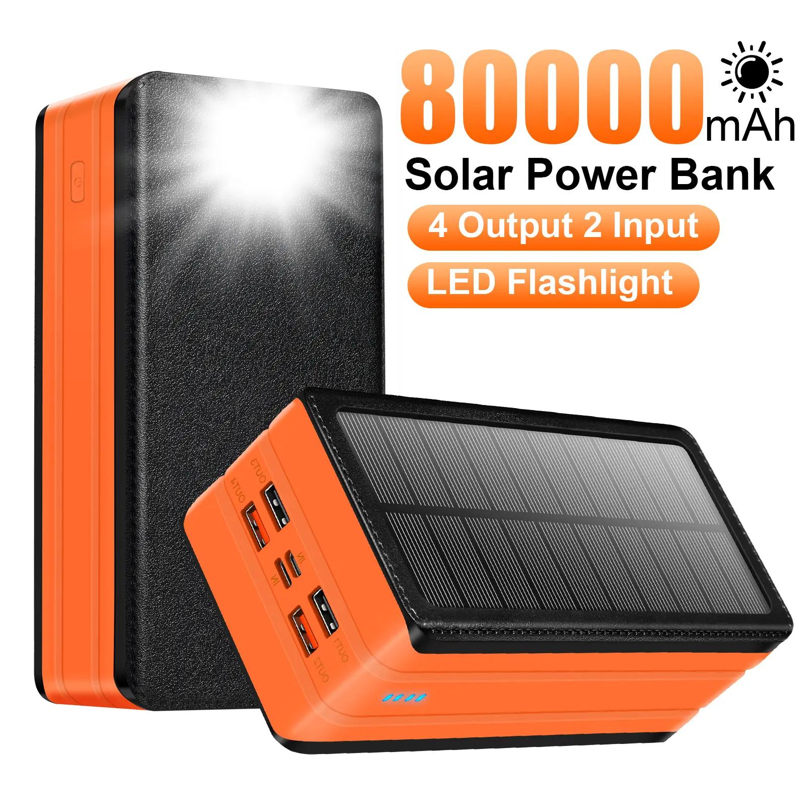 80000mAh Solar Power Bank, 22.5W Fast Charging Mobile Accessory with USB-C In&Out, 9 LED Lights 3-Mode Flashlight, Compatible with Smartphones, iPhones, Tablets, Earphones, Micro Cable for Camping, Outdoor Use