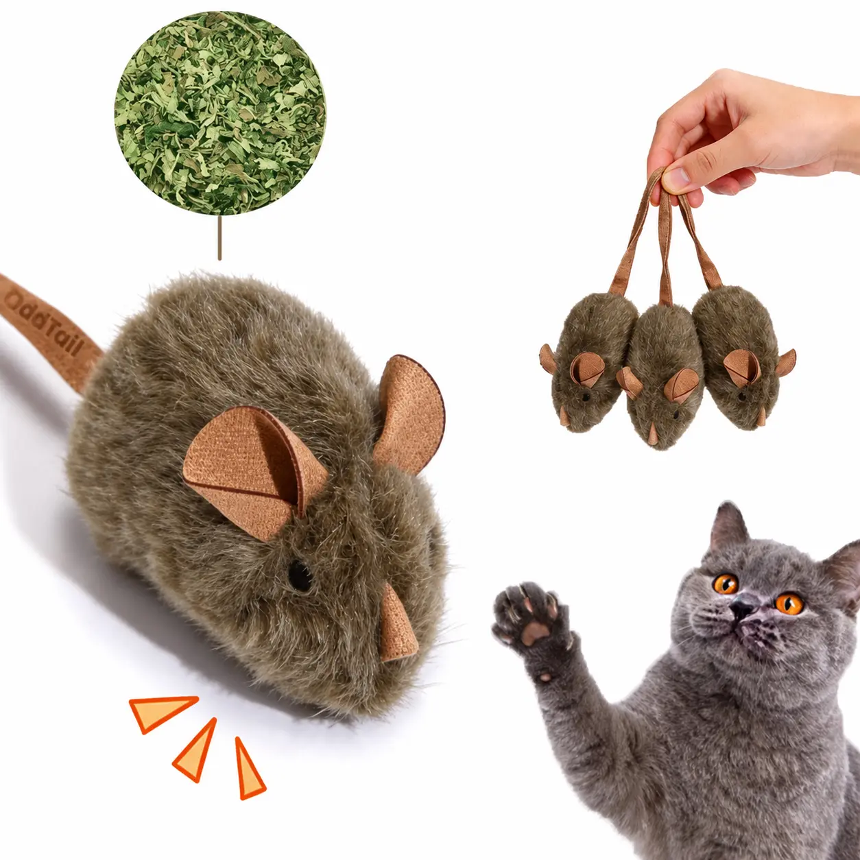 OddTail 3-Pack Plush Squeaky Mouse Cat Toys with Catnip, Interactive Indoor Toys, Touch Activated Chirping Grey Mice for Cats & Kittens, Realistic Sound Hunting Toy for Indoor Play & Boredom Relief