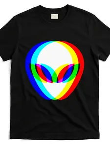 Alien Head Trippy Vaporwave Graphic T-Shirt - 220GSM Heavyweight Cotton Retro Tee with Vibrant Rainbow Print, Unisex Casual Shirt for Men & Women, Machine Washable All-Season Comfort