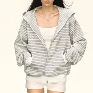 2026 Korean Style Lazy Striped Hooded Sweatshirt Cardigan - Super Cute, Casual and Versatile