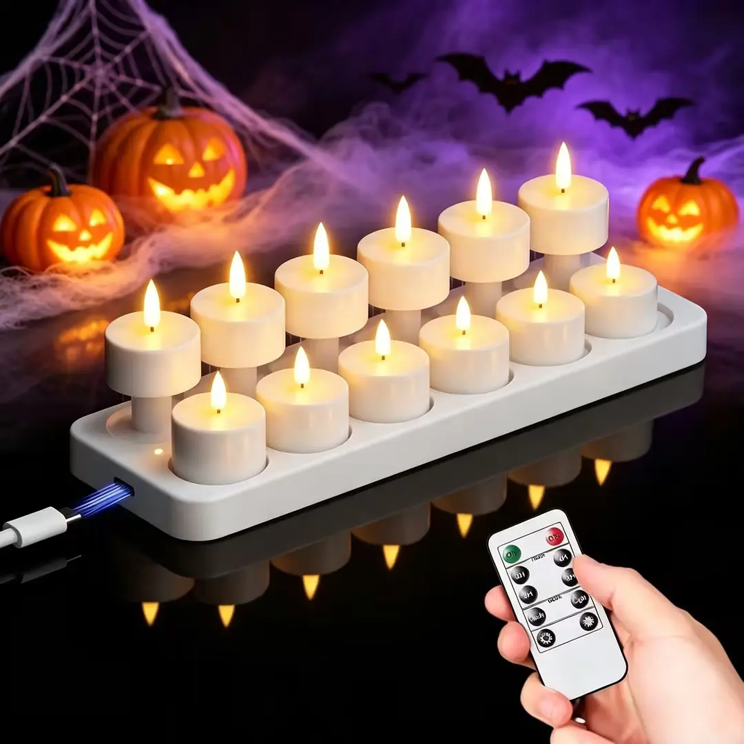 12pcs Rechargeable USB-C Flameless Plastic Tealight LED Candle Lights, 120mAh 24-Hour Runtime, Remote Control Included for Wedding & Home Table Glass Jars Candle Holder Decor, 12 X Led Candle