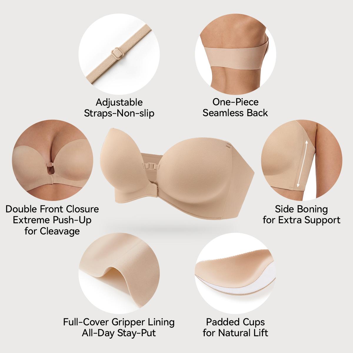 Details of adjustable straps, seamless back, side boning, padded cups and gripper lining