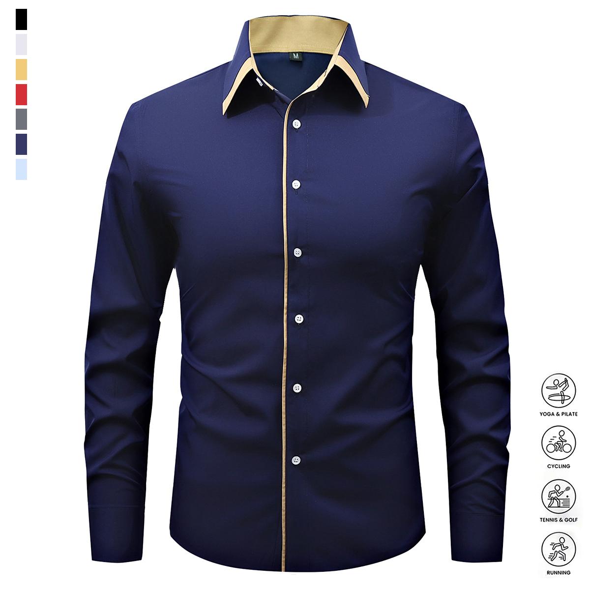 Men's Fashion Spring and Autumn Dress Light Business Long Sleeve Shirt Classic Double-breasted Elastic Contrasting Color Comfortable Breathable Sweat Top Men's Clothing