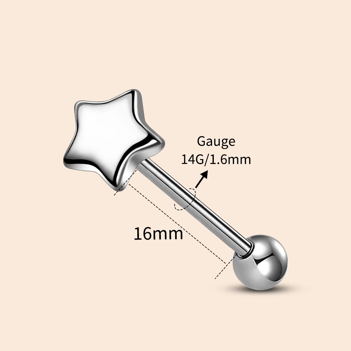 Oufer 14G Titanium Heart Internally Threaded Star Heart Tongue Ring Bar Length 16mm Polished Romance Whimsy Secure Fit