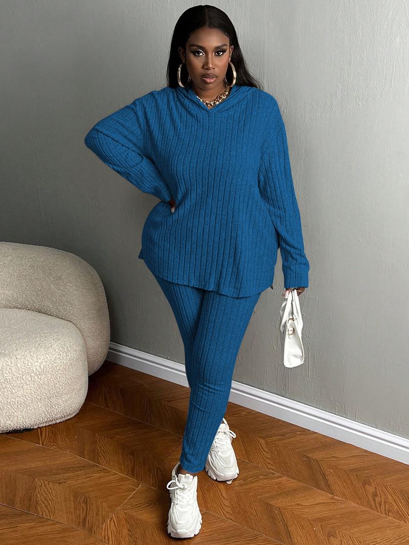 USBOUTIQUECHIC Plus Size Women's Solid Textured Ribbed Hoodie & Elastic Waist Pants Set, Casual Cozy Ribbed Knit Outfits for Fall & Winter, Baggy Matching Suits for Daily Wear