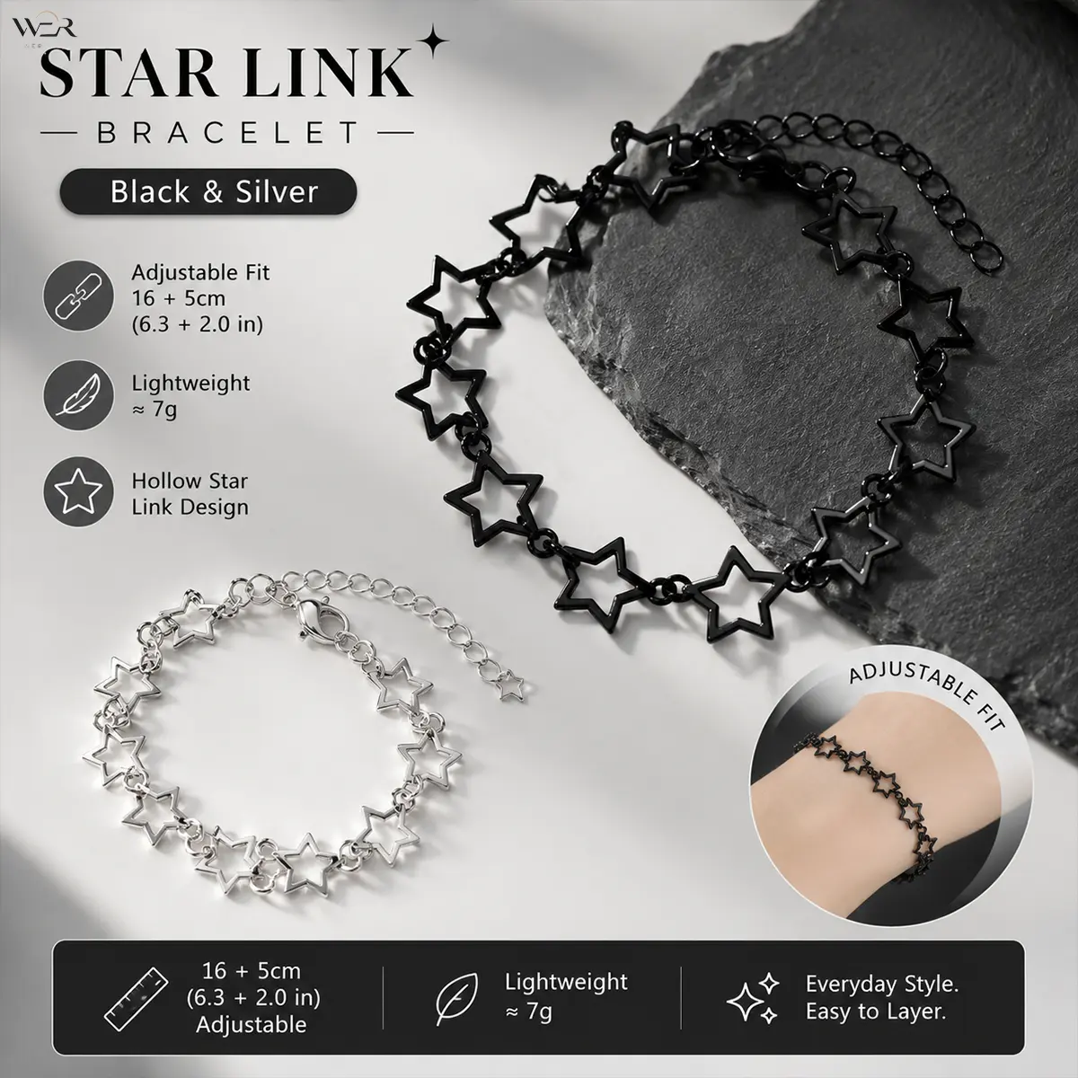 Women's Celestial Star Link Bracelet, Elegant Hollow Star Costume Jewelry in Silver or Black Tone with a Bling Effect, Lightweight & Adjustable for Daily/Party Wrist Stacks, Wrist Stack, Star Pattern