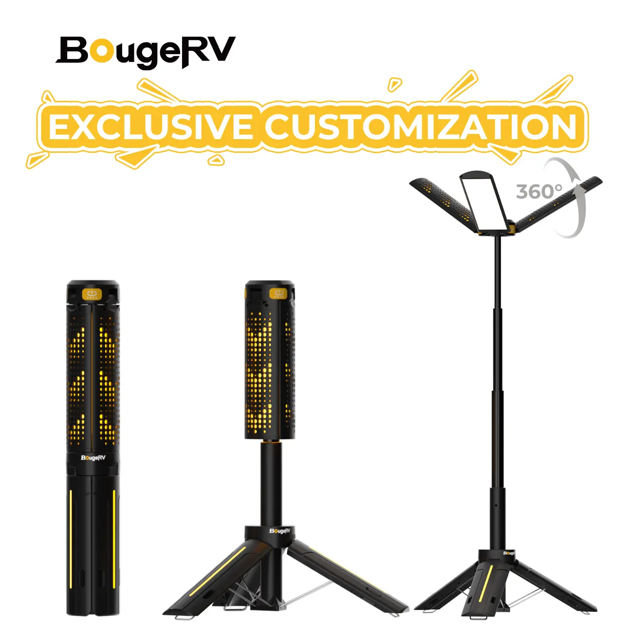 BOUGERV LED Camping Light with Tripod Base, 1800 Lumen Cordless Work Lantern with 3 Adjustable Dimmable Heads, 8000mAh Rechargeable, 3.4 ft Telescopic Stand for Outdoor & Garage, Survival Camping, Campfire / Bbq Party, Adjustable Height, Portable Lighting