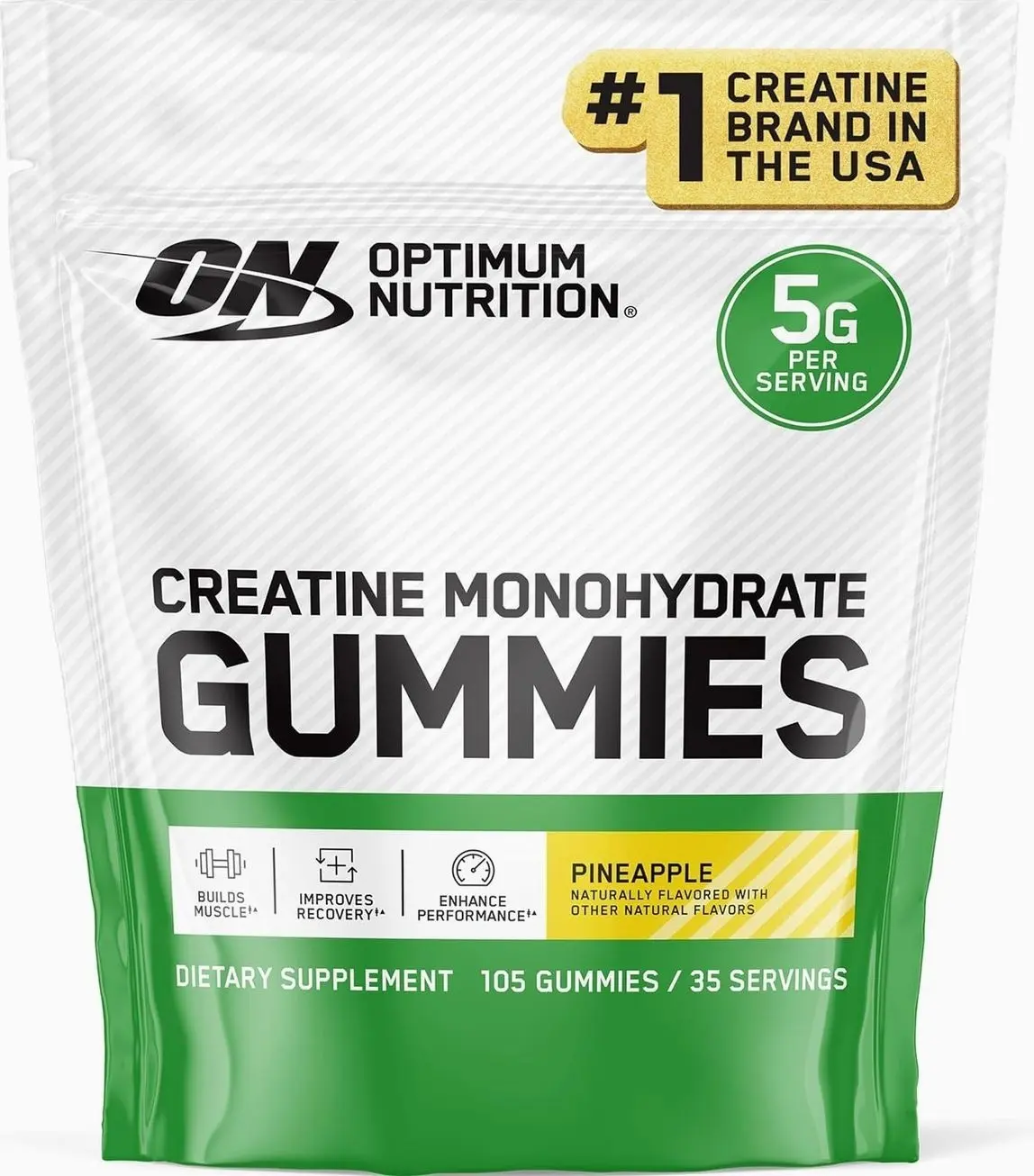 Optimum Nutrition Creatine Monohydrate Dietary Fitness Supplement Gummies, Pineapple Flavor, 105 Count, 35 Servings, 5g Creatine per Serving (Packaging May Vary) - Naturally Flavored, Supports Muscle Strength, Aids Workout Recovery