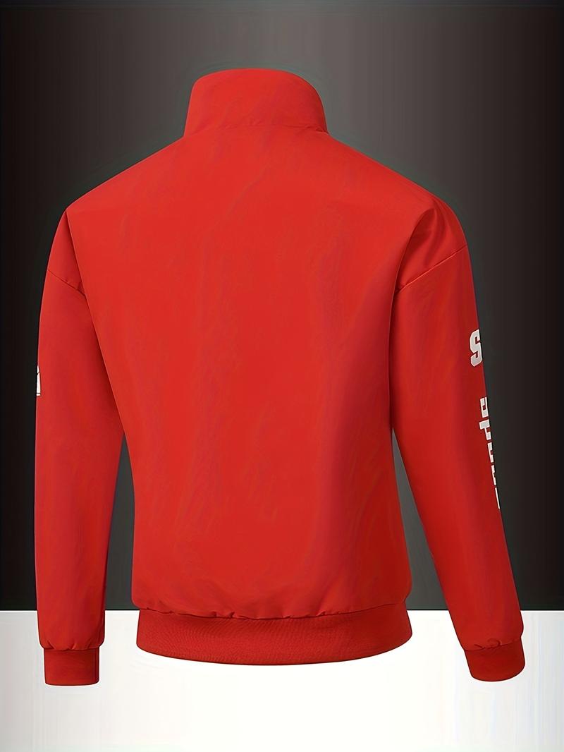 Men's Letter Print Stand collar racing driver Jacket,   Loose Casual Sporty Long Sleeve locomotive Jacket for Fall & Winter, Men's Outerwear for Daily Wear, Casual Fitted Jackets
