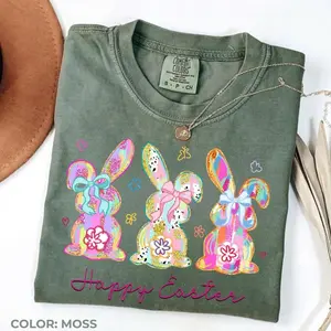 Comfort Colors Coquette Easter Bunny T-Shirt, Retro Brushstroke Graphic Tee with Soft-Washed Cotton Feel, Aesthetic Spring Holiday Shirt, Cute Happy Easter Apparel, Trendy Seasonal Top for Women and Men - HARSIN