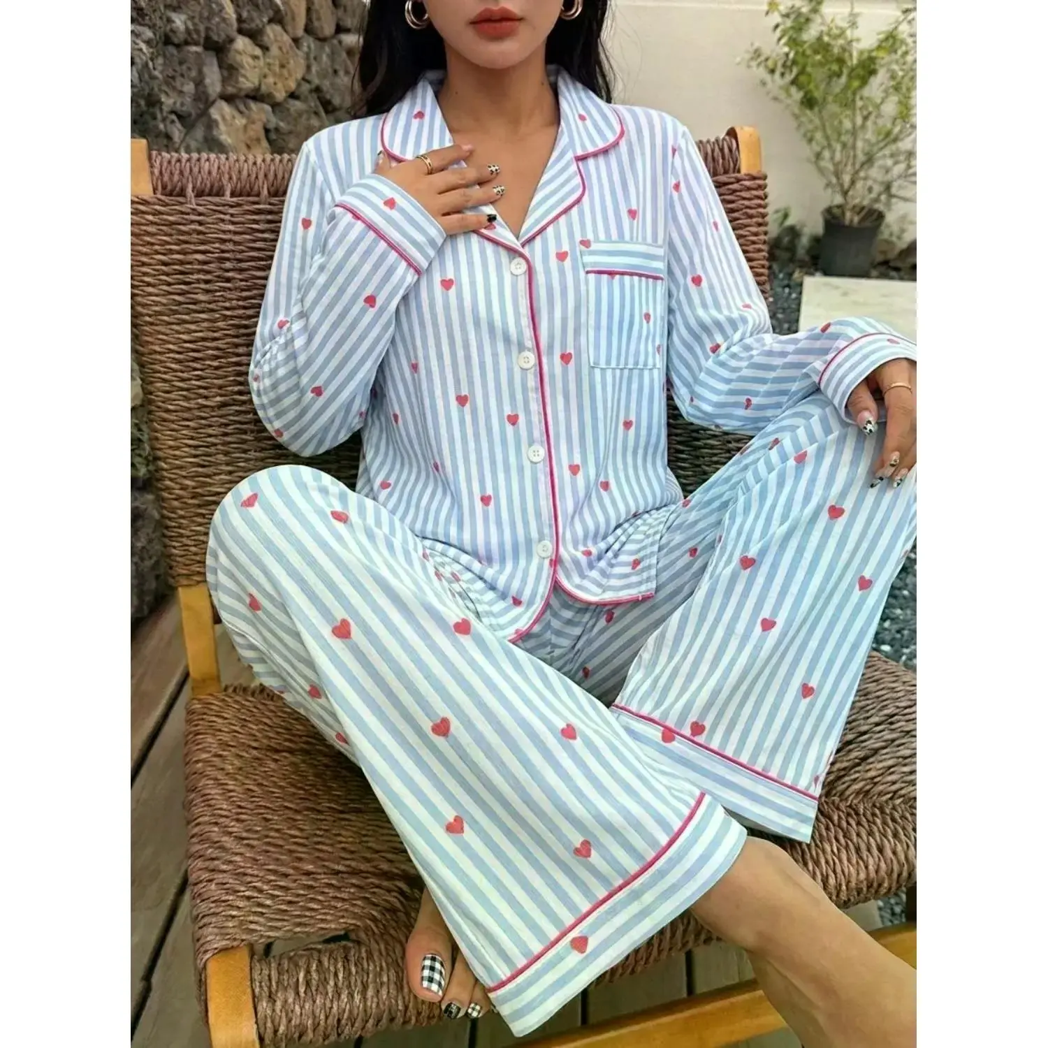 Women's 2-Piece Casual Polyester Pyjamas & Loungewear Set - Blue Long Sleeve Shirt with Heart Pattern, Striped Pants with Pockets, Comfortable Autumn-Winter Apparel (Hand Wash Only), All Seasons, Contrast Bind, Stripped Print, Nightwear