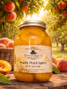 The Armored Kingdom Premium Peachy Peach Halves 32 OZ Jar 908g - Peeled Pitted Ready to Eat Healthy Nutritious Peaches in Reusable Glass Jar with Royal Gifts Included Organic Vegan