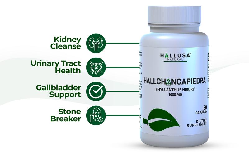 HALLUSA NATURAL Hallchancapiedra 1000 mg Supplement Pure Chanca Piedra for Kidney Stone Breaks 60 Capsules Gluten Free GMO Free Sugar Free US Made Edible Healthcare Dietary Supplement