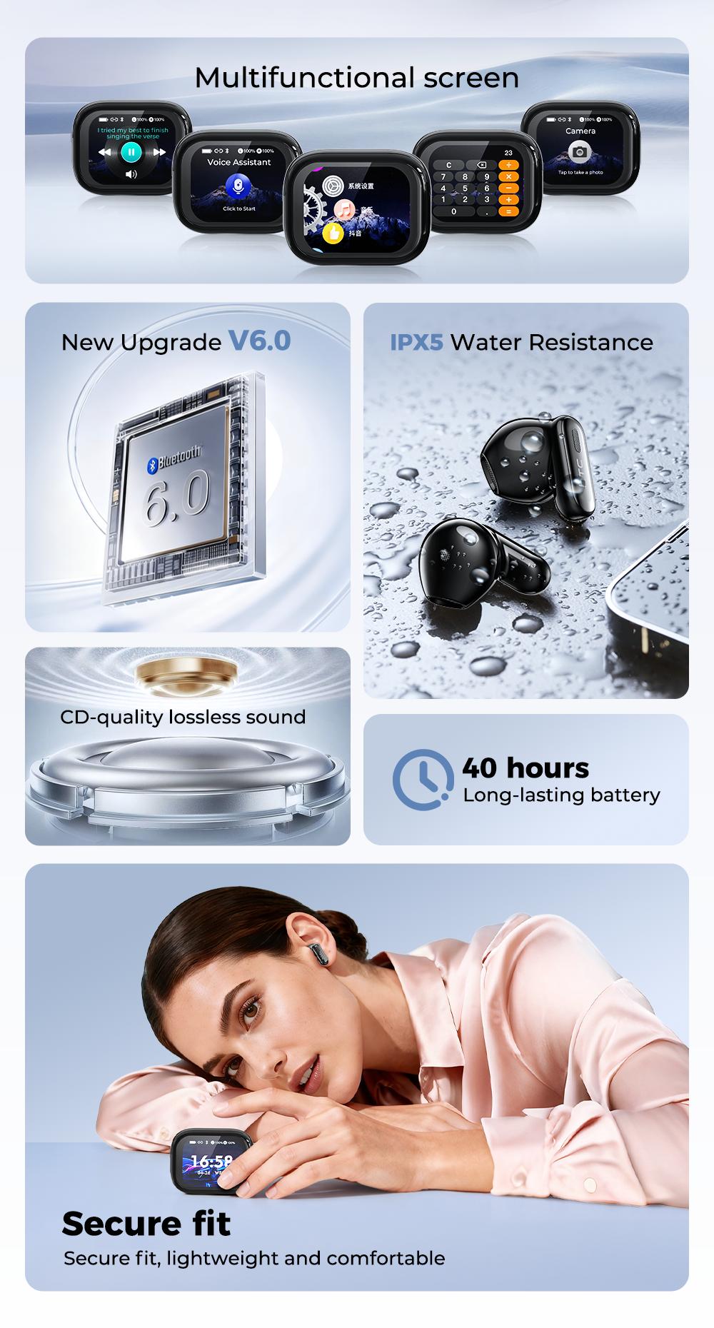 HTC NE68 Bluetooth 6.0 Earphones LCD Touch Screen IPX5 Waterproof Wireless Headphones 60H Playtime, HD Stereo Sound Earbuds, Built-in Microphone for Travel Learning Business