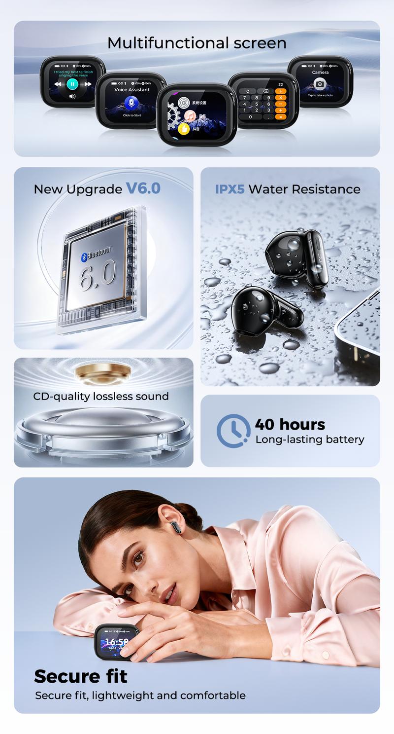 HTC NE68 Bluetooth 6.0 Earphones LCD Touch Screen IPX5 Waterproof Wireless Headphones 60H Playtime, HD Stereo Sound Earbuds, Built-in Microphone for Travel Learning Business