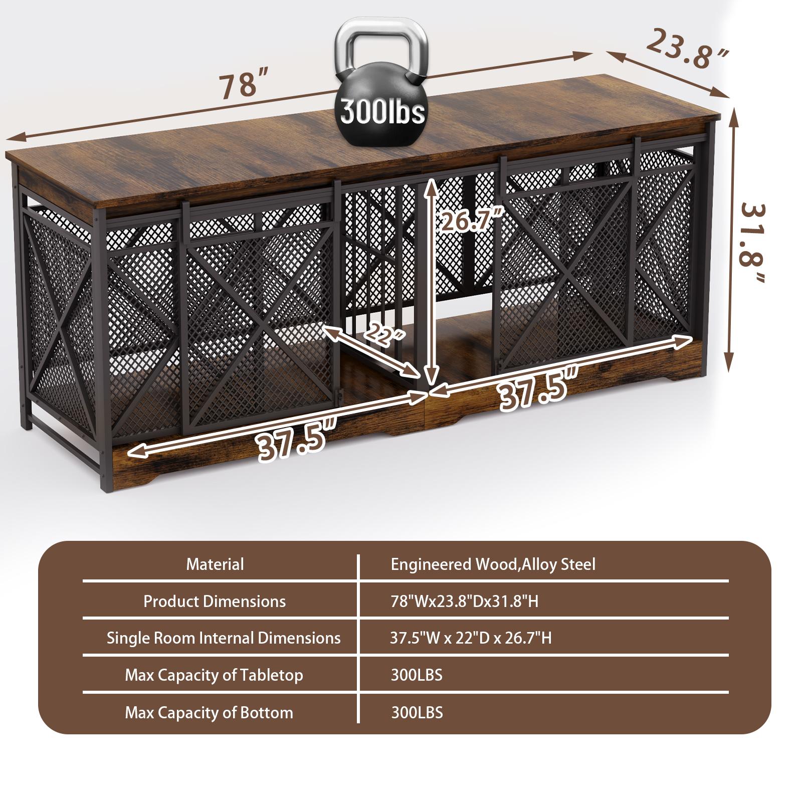 【SpringGlowUp】COZPAW 78" Dog Crate Furniture for 2 Dogs,Extra Large Breed Double Chew-Resistant Indoor Pet House,Heavy Duty Wooden XXL Large Kennel, Furniture Style XL Dog Cage, Max 300lbs Capacity (Brown)