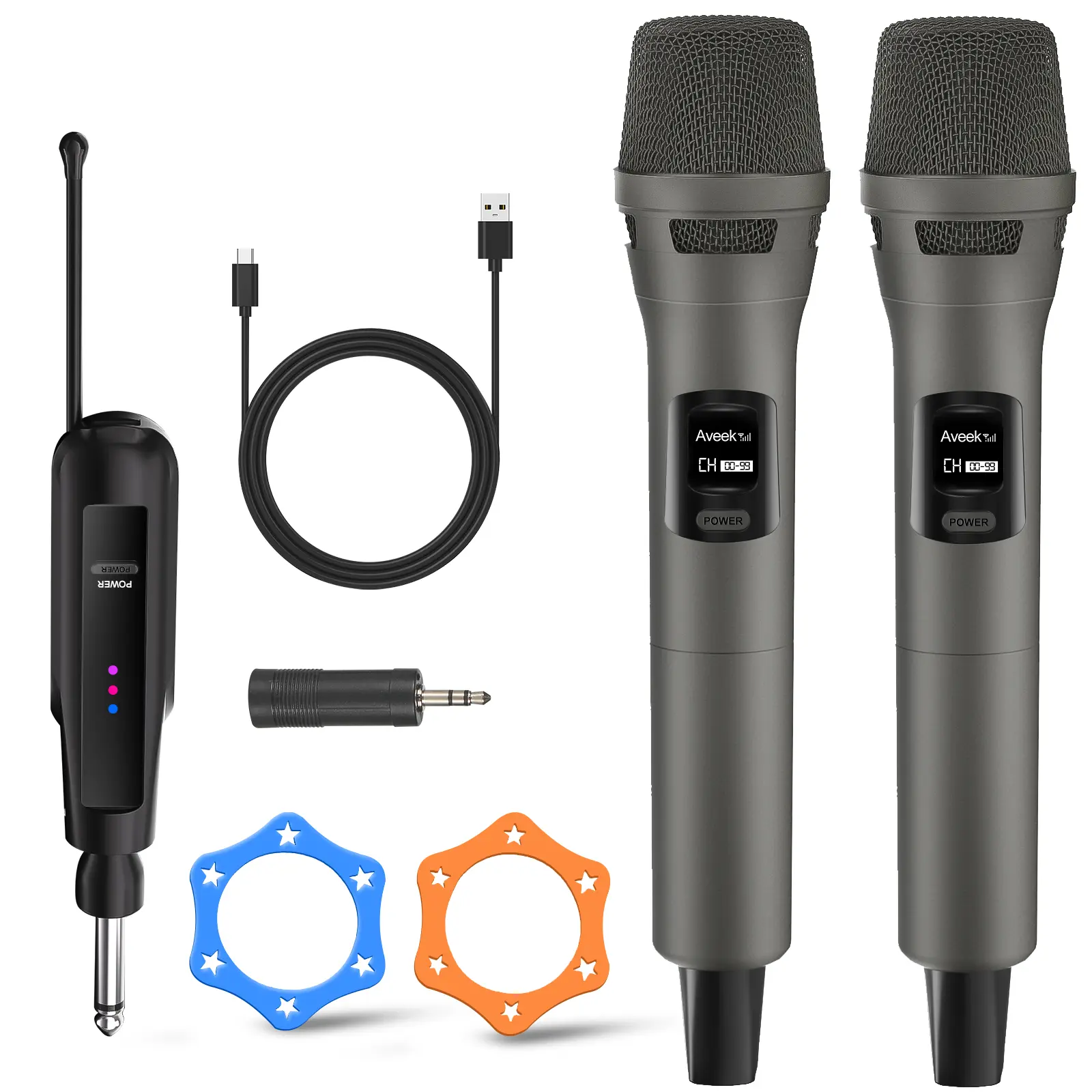 Aveek 2‑Pack 2.4GHz Wireless Dynamic Microphones, USB‑C Rechargeable, 10‑Hour Battery 100ft Range for Karaoke Machine Parties Speakers