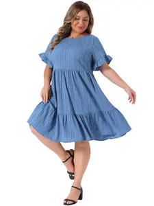 Agnes Orinda Women's Plus Size Summer Ruffle Short Sleeve Dresses Crew Neck A Line Tiered Midi Casual Dress