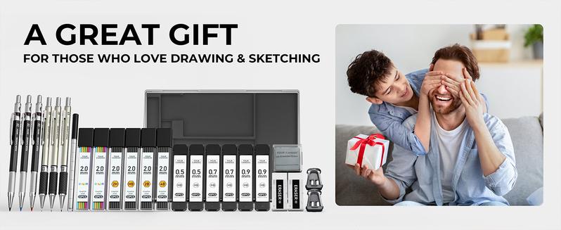 Four Candies 25PCS Mechanical Pencil Set with Case - 3PCS Metal Pencils 0.5 0.7 0.9mm, 3PCS 4B Erasers, 432PCS Graphite Leads for Writing Drawing Sketching Christmas Gifts, Stationery Writing Tools