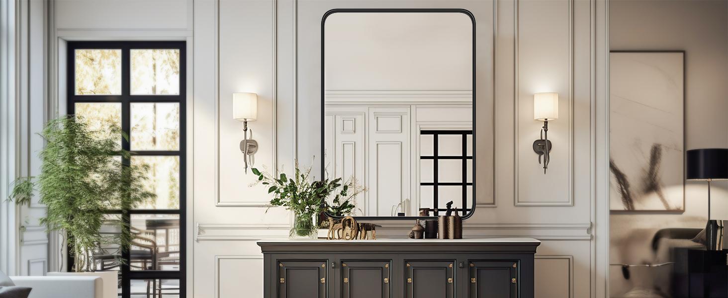 Bathroom Mirror Vanity Mirror for Wall, Aluminum Alloy FramedFarmhouse, Rounded Rectangle ，Anti-Rust,Tempered Glass,Hangs Horizontally or Vertically