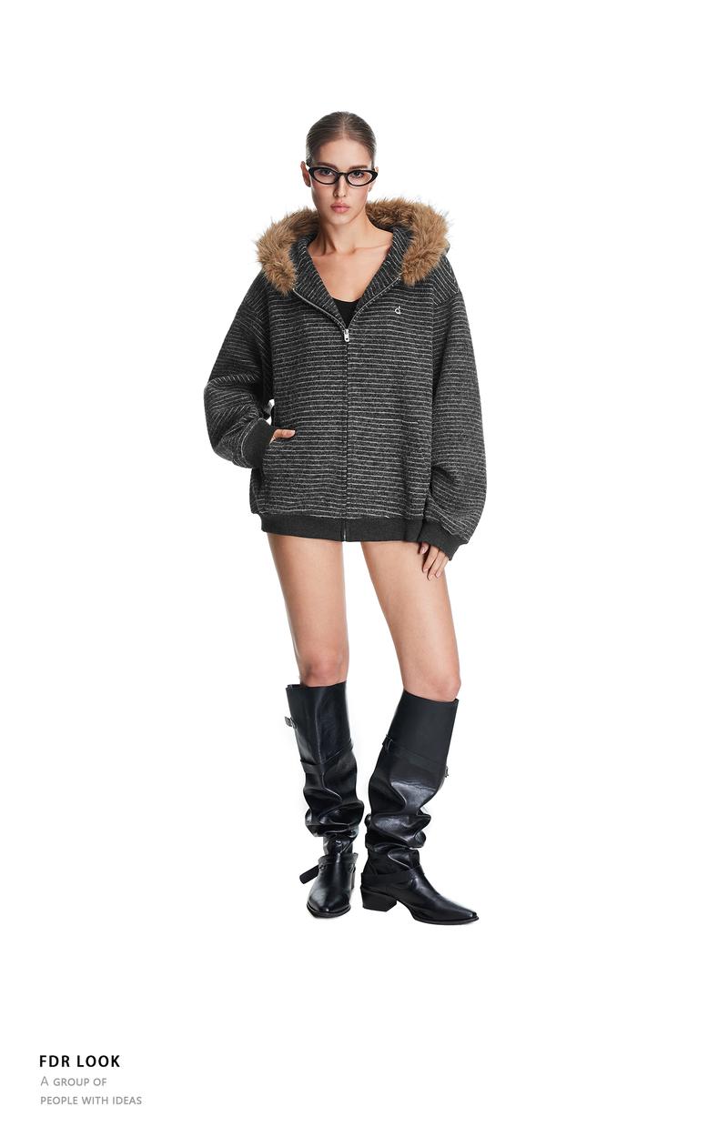 FDR Cozy Striped Fuzzy Hoodie with Faux Fur Collar Zip-up Oversized / Slim Sweater Oversized Fit Long Sleeve Fall / Winter Casual Womenswear Coats Outerwear Tops Jackets Sweatshirt #valentinesday #tiktokshopjumpstartsale #valentinesdaygift