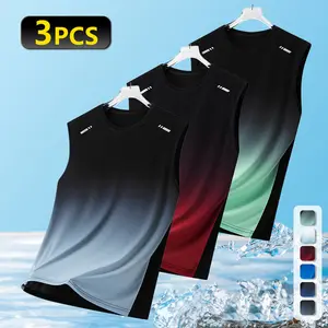 LIFE KEEPS MOVING Men’s ultra-thin loose-fit printed gradient crewneck mesh tank top for spring and summer, ideal for outdoor running, training, and fitness, available in 3-pack or single-piece options.