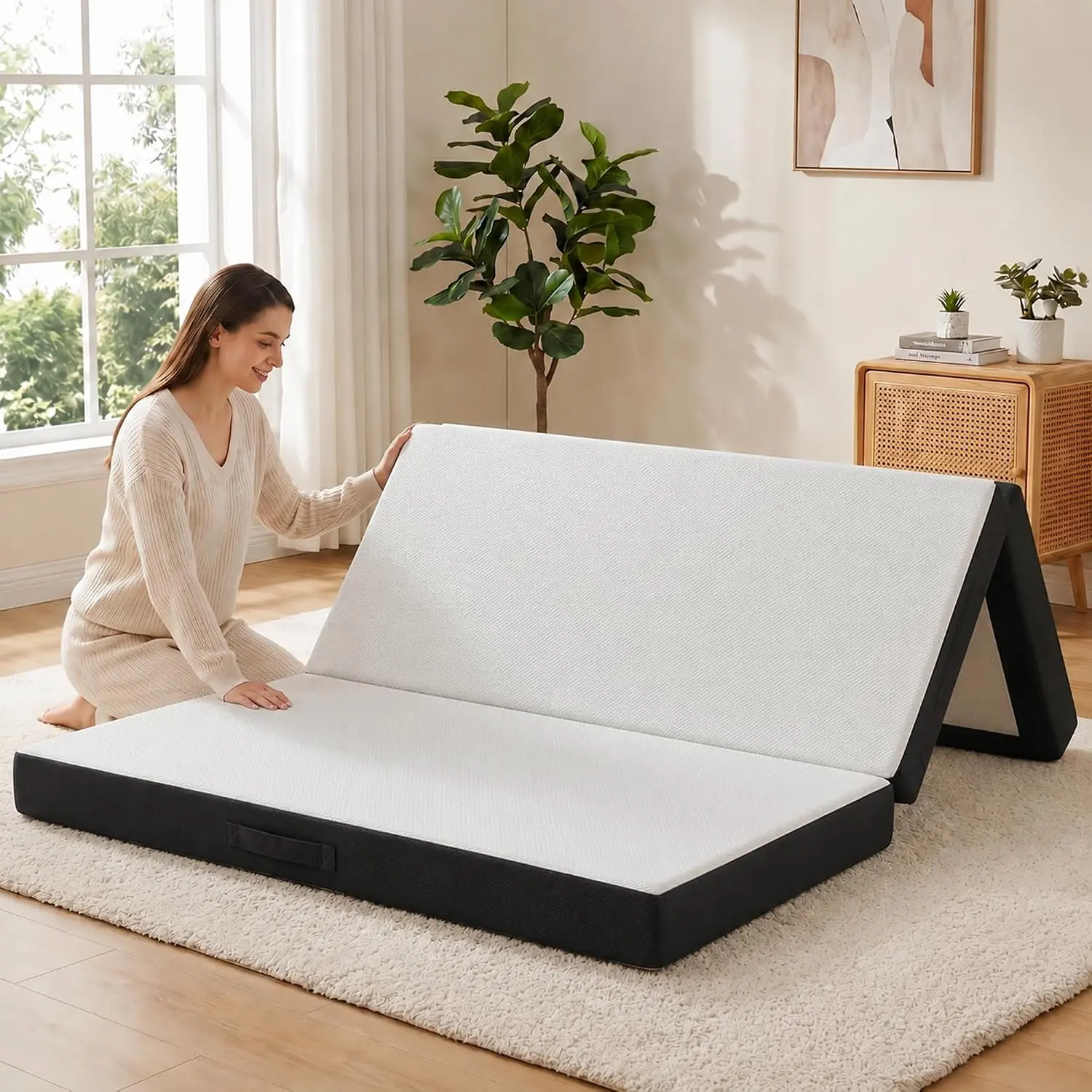 Trifold Memory Foam Mattress, 6" with 1.5" Cooling Gel Top + 4.5" HD Base, Washable Cover, Side Pocket, Non-Slip Bottom, CertiPUR-US, Made in USA for Guest, Camping, RV