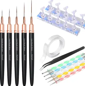 Metallic Nail Art Brushes 5pcs, Nail Holder for Painting Nails, Liner Brush, 5pcs Nail Dotting Tool, Nail Stand, Nail Art Tools for Home DIY & Salon Nail Art Design