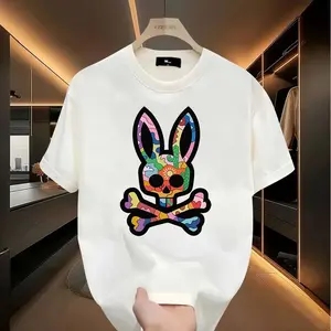 Bone pattern T-shirt, rabbit design, hip-hop style, unisex, men's short-sleeve round-neck street style suitable for spring and summer, casual wear, rock round-neck summer pattern top, street clothing