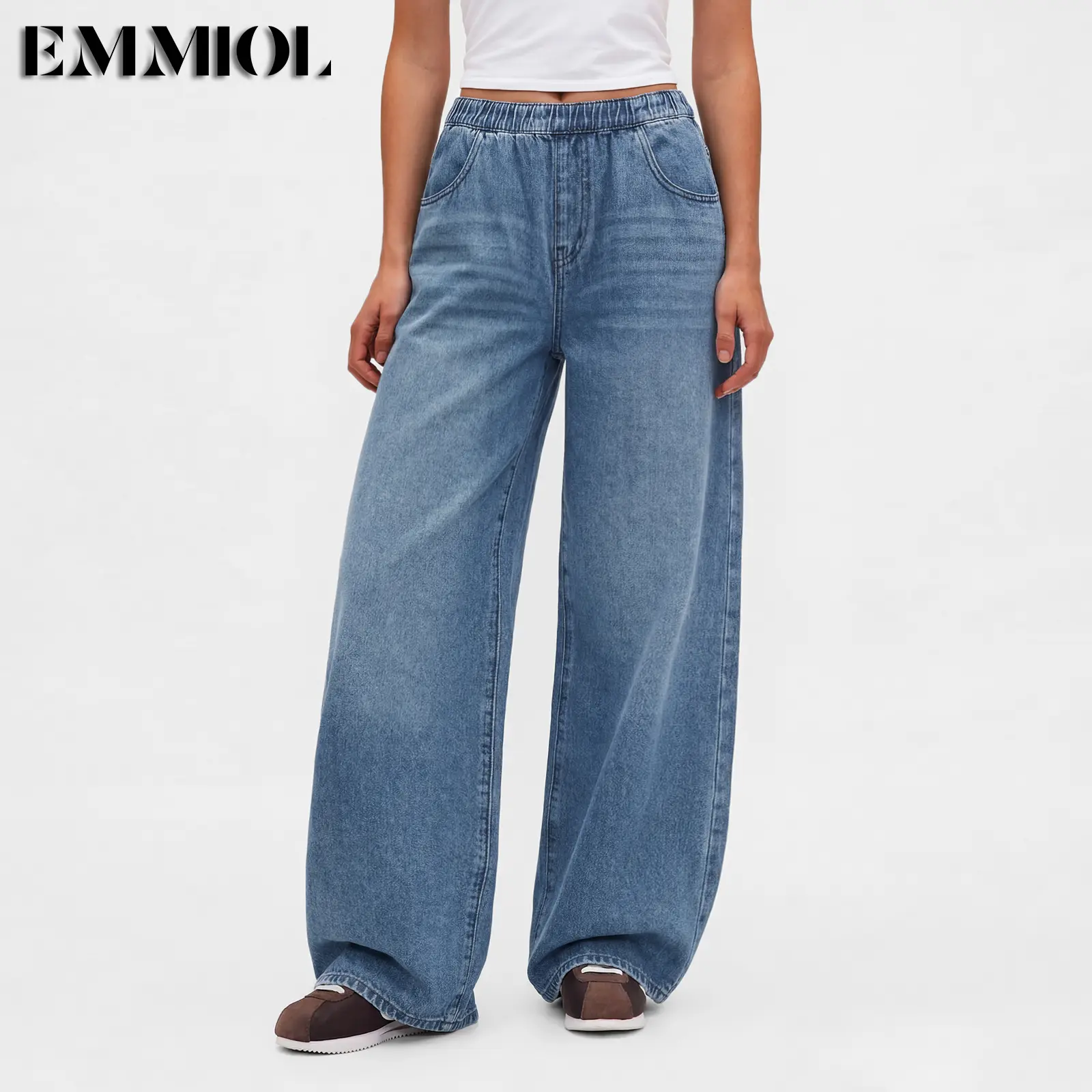EMMIOL【Back to School】Women Baggy Jeans Mid-Low Waist Boyfriend Streetwear Vintage Jeans Wide Leg Denim Pants