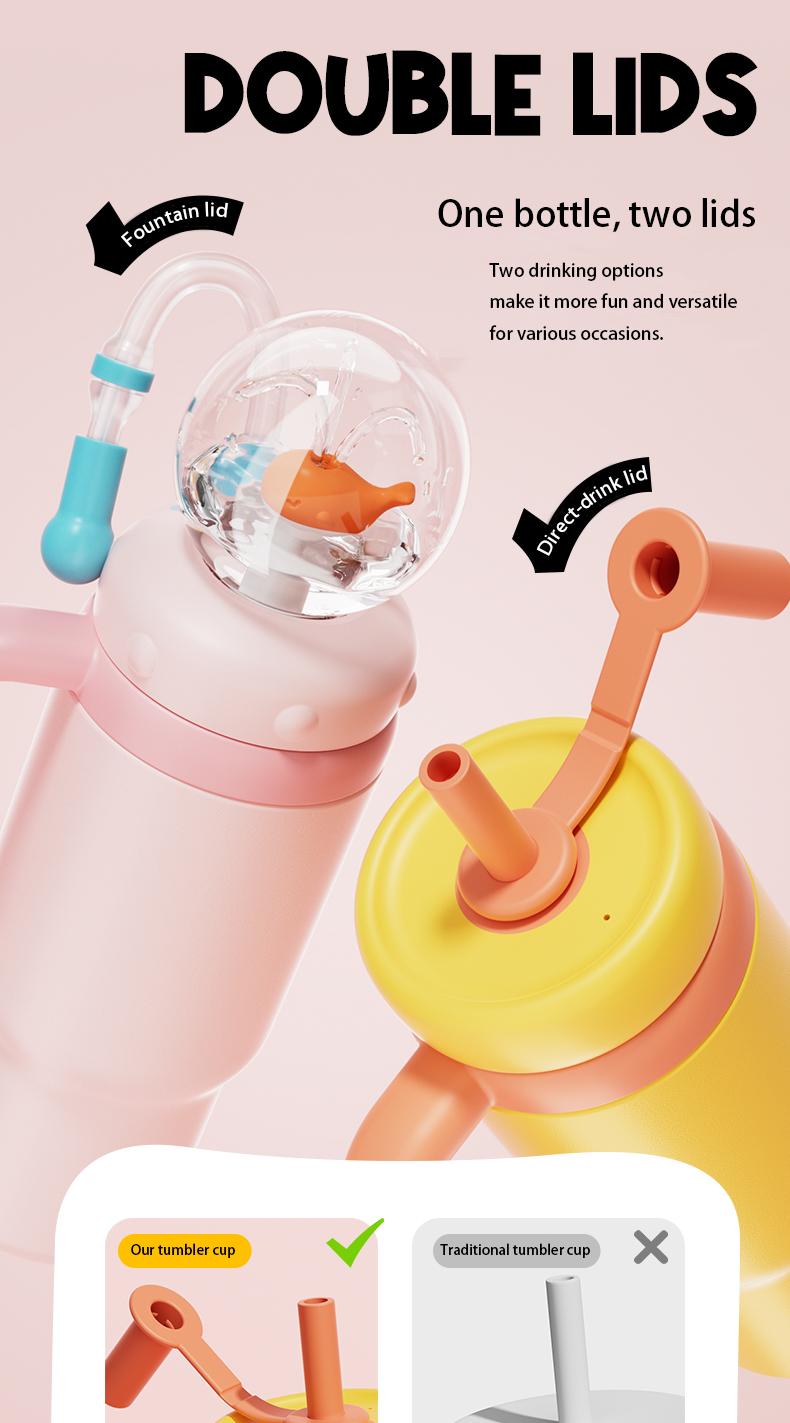 【COMOBEBE】24oz Stainless Steel Whale Fountain Tumbler – Spill-Proof, Dual Lids, Durable Handle, Dishwasher Safe, Cute and Fun for Kids & Adults
