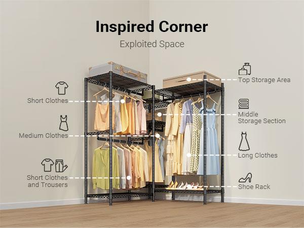 VIPEK L6 Corner Clothes Rack Heavy Duty Closet Organizer with Adjustable Shelves & Hanging Rods, L-Shaped Freestanding Wardrobe, Load up to 1130lbs