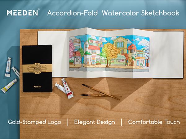 MEEDEN Portable Watercolor Accordion Sketchbook - 300gsm Cotton Acid-Free Hardback Concertina Sketchbook - Cold Press Texture Water Color Book for Wet/Dry Techniques, Travel & Outdoor Sketching