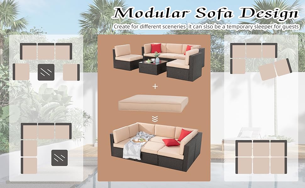 Walsunny 6 Piece Patio Furniture Sets, All Weather PE Wicker Rattan Outdoor Sectional Sofa Conversation Couch with Glass Table, Cushions and Pillows Outdoorfun