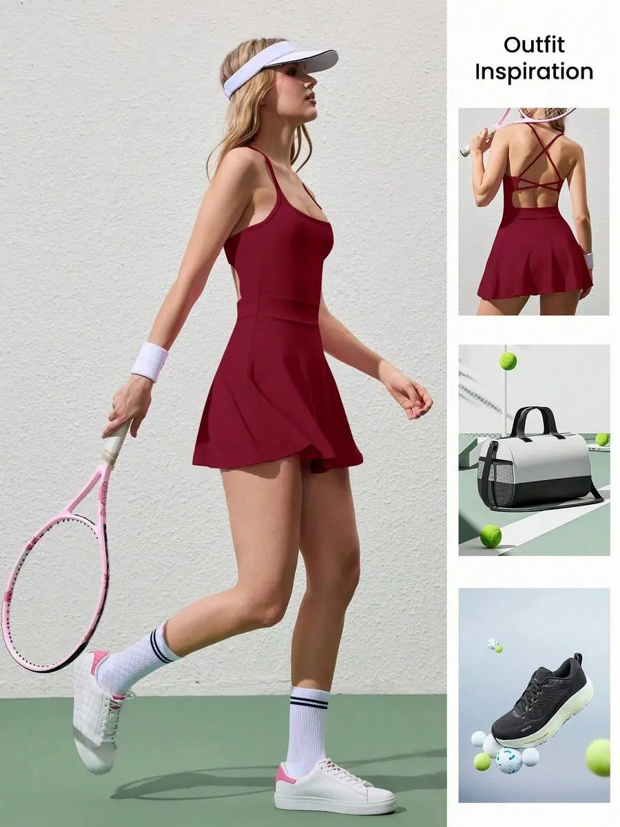 Women's Elegant Burgundy Sleeveless Tennis Dress,Summer Casual Athletic Romper With Built-In Shorts,Workout Gym Active Dress,Dance Sports Outfits