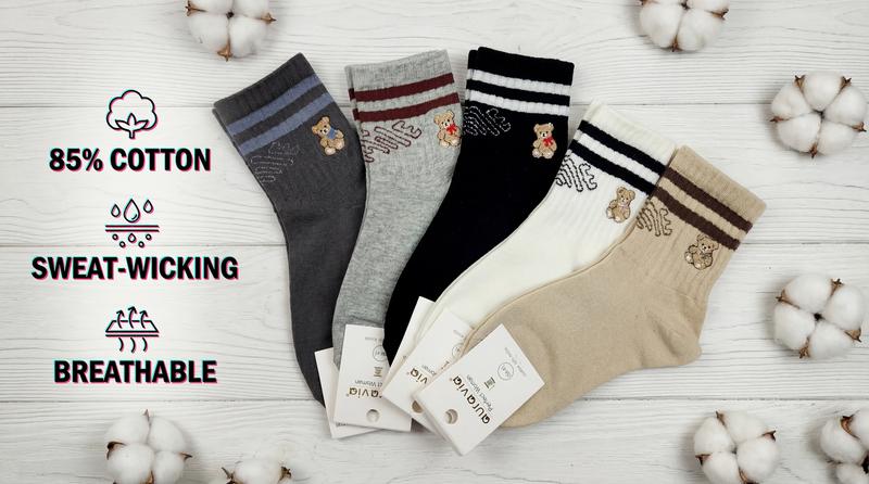 Auravia Women's Cute Teddy Bear Cotton Quarter Ankle Socks 5 Pairs Striped Patterns Breathable Sweat-Wicking Preppy Style Everyday Wear Soft Comfortable Stylish Casual Womenswear