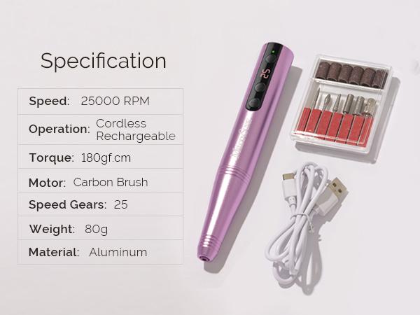 MelodySusie PC180F Cordless Electric Nail Drill Machine with 6 Nail Drill Bits, 25000RPM Rechargeable Nail Care Manicure Set for Acrylic Nail Art